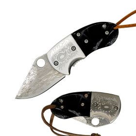 Black Pearl Handle Damascus Etched Mini Folding Chubby Pocket Knife