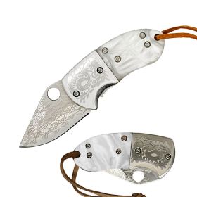 White Pearl Handle Damascus Etched Mini Folding Chubby Pocket Knife