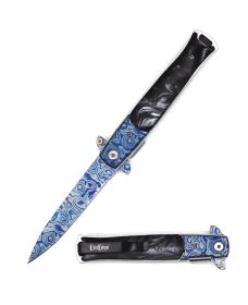 Stiletto Style Damascus Steel Spring Assist Knife with Black Pearl Handle