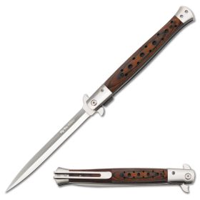 Extra Large Brown Wood Spring Assisted Open STILETTO Knife