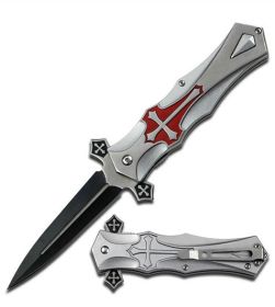 Crusader Cross Spring Assisted Pocket Knife Silver