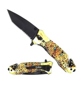 Leopard Handle Tactical Spring Assisted Serrated Tanto Blade Folding Knife