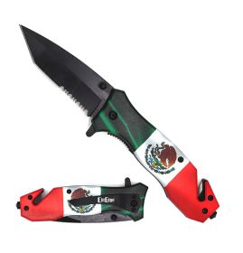 Mexican Flag Spring Assisted Serrated Tanto Blade Folding Knife