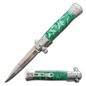 5" Closed Stiletto Style Spring Assisted Knife Green Pearl Handle
