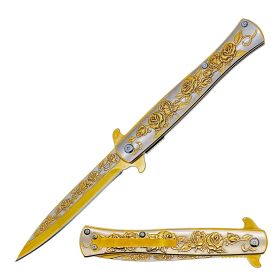 9" Luxury Gold Rose Design Spring Assisted Open Folding Pocket Knife
