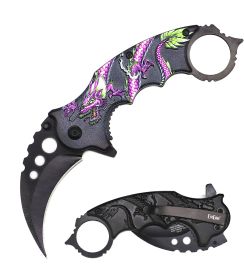 Spring Assist Knife With Finger Ring - Purple Dragon