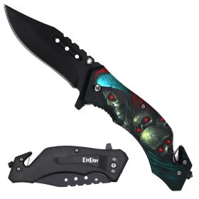 Military TACTICAL Assisted Open Pocket Folding Blue Skull Rescue Knife Blade