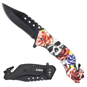 Military TACTICAL Assisted Open Pocket Folding Skull Roses Rescue Knife Blade