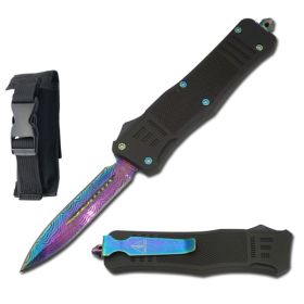 9" Etched Damascus Pattern Rainbow Dagger Blade Automatic OTF Knife
