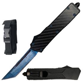 9" Blue Damascus Etched OTF Tanto Blade Automatic Knife
