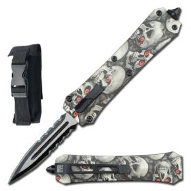 7" Dual Action Dagger Blade Reaper OTF Automatic Knife Grey Skulls