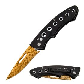 Clip Point Ballistic Auto Push Button Titanium Gold Damascus Etched Blade Pocket Knife
