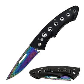 Clip Point Ballistic Auto Push Button Rainbow Titanium Damascus Etched Blade Pocket Knife