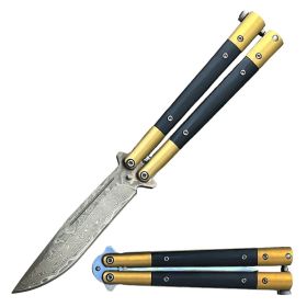 Damascus Blade Butterfly Golden Balisong Knife Flipper
