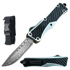 9.75" Damascus Steel Blade Automatic OTF Knife Silver Carbon Fiber