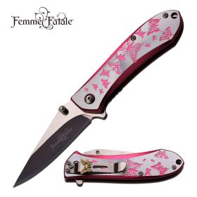 Butterfly Design Assisted Opening Knife Pink Silver Handle