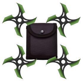 4 Pc Set Black and Green Finish Four Point Throwing Ninja Stars Shuriken