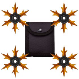 4 Pc Set Orange and Black Finish Six Point Throwing Ninja Stars Snowflake Shurikens