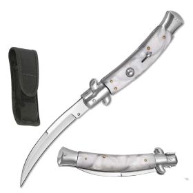9.75" White Pearl Handle Italian Stiletto Switch Curved Blade Pocket Knife