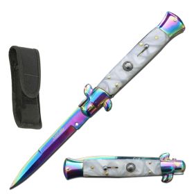8.75" Titanium Italian Stiletto Automatic Knife White Pearl Handle