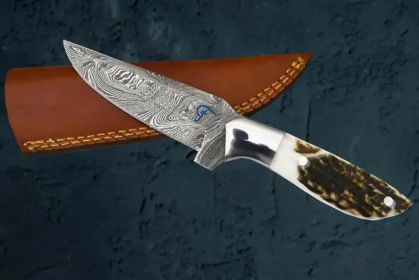 Damascus Steel Outdoor Knife- Antler Handle