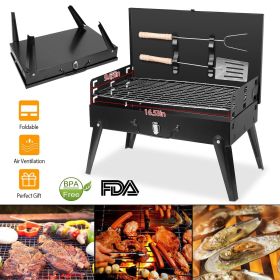 16.7x10x17.7in Portable Charcoal Grill – Foldable BBQ Suitcase Grill for Camping (Color: Black)