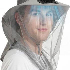 Mosquito Net Hat with Fan Built (Color: Light Gray)