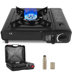 3300W Portable Camping Stove Butane Canister Dual Fuel Burner Piezo Electric Ignition Single Burner with Automatic Tank Ejection Overpressure Cut Off (Color: Black)