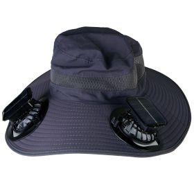Wide Brim Sun Hat With 2 Solar Rechargeable Fans (Color: Dark grey)