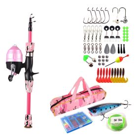 Kids Fishing Pole Starter Kit  with Tackle Box 56Pcs Fishing Lures (Color: Pink)
